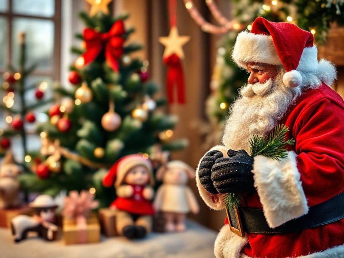 Veille de Noël : le sapin de Noël, l'enfant Jésus et le Père Noël
