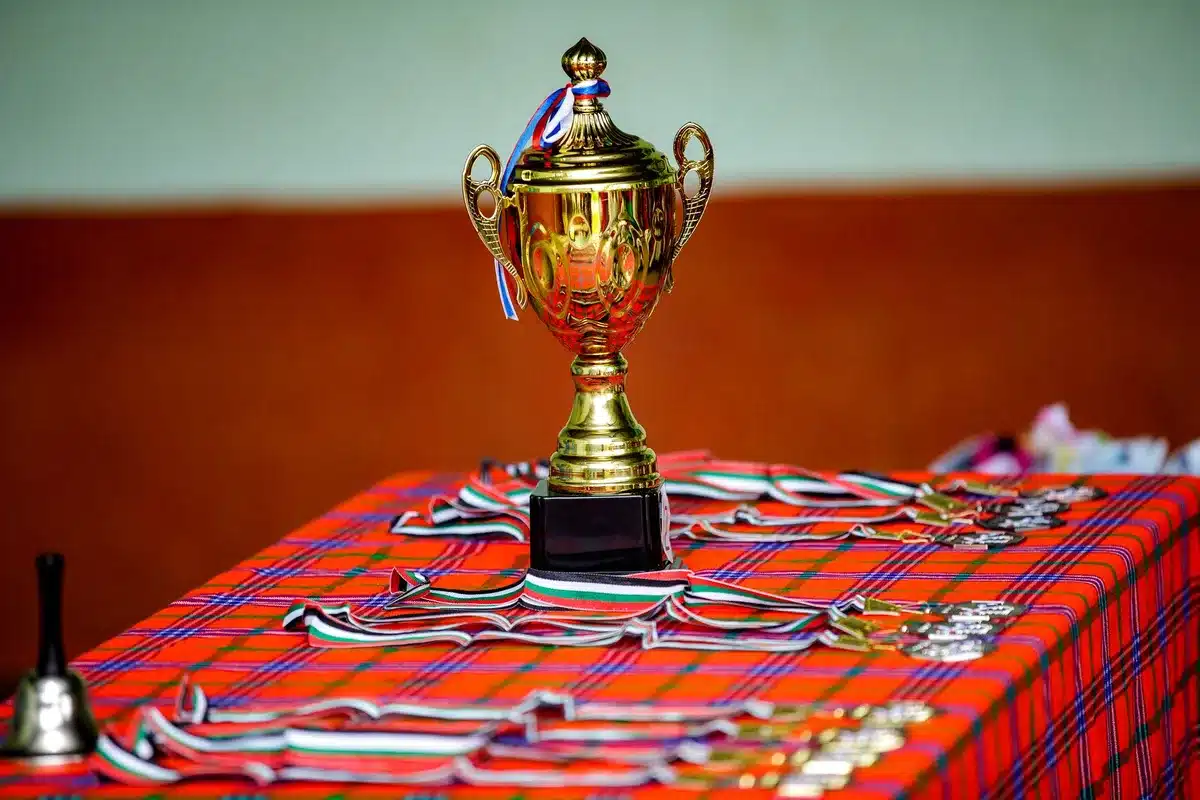 Preisverleihung auf einem Filmfestival mit Pokal und Publikum