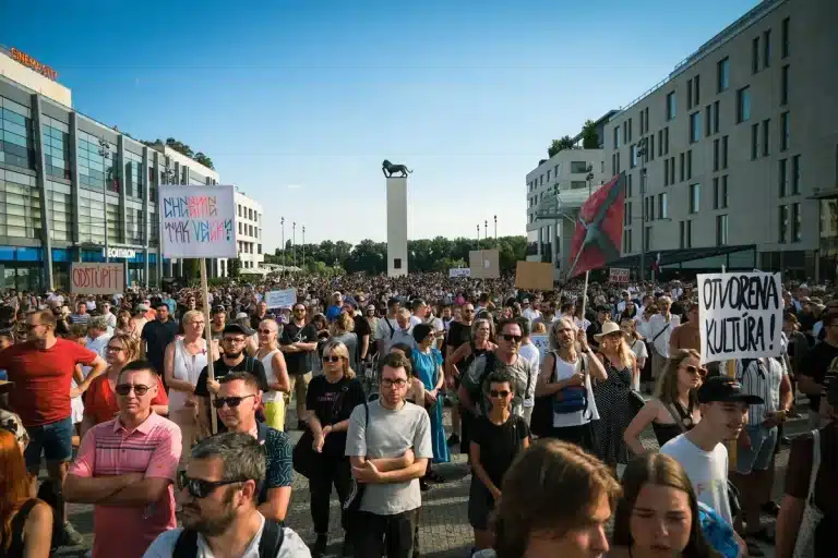 Anonyme Menschenmenge tanzt auf Berliner Straße bei elektronischer Musik und bunten Lichtern