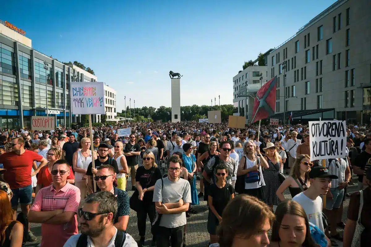 Anonyme Menschenmenge tanzt auf Berliner Straße bei elektronischer Musik und bunten Lichtern