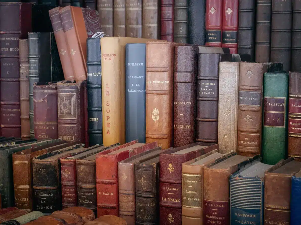 Nahaufnahme eines alten ledergebundenen Buchs mit handschriftlichen Rändern