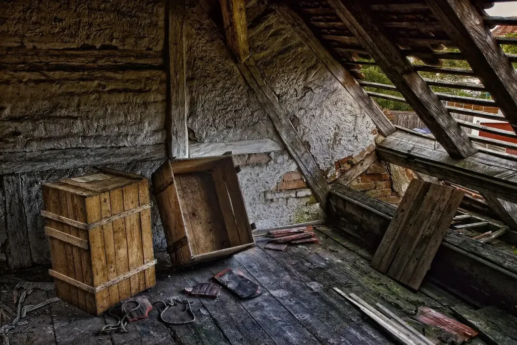 Verfallenes Hausinterieur mit Vinylplatten und einem Mikrofon als symbolisches Bild